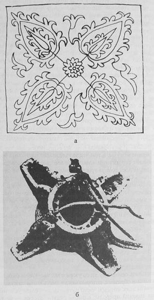 Узор чорчирок - "четырехфитильный масляный светильник" (а). Характерен для<br /> 70-х годов XIX в. Рисунок Урун-ой Умурбаевой. 1935 г.; чорчирок - прототип (б)