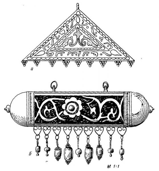 Нагрудные украшения из Северного Таджикистана: а - "тумор"; б - "бозубанд"